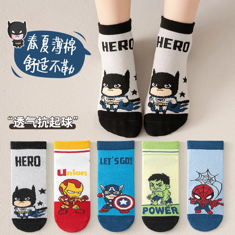 5 Pairs Spiderman Cotton Children's Socks iron Man Hulk Thor Anime kids Boys Short Socks Cartoon Baby Spring Summer Sock Y