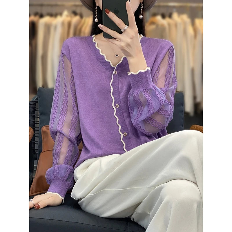 Spring Summer Women 100% Soft Wool Organdy Sweater V-neck Lantern Sleeve Lace Hollow Out Pullover Casual Knit Bottoming Tops