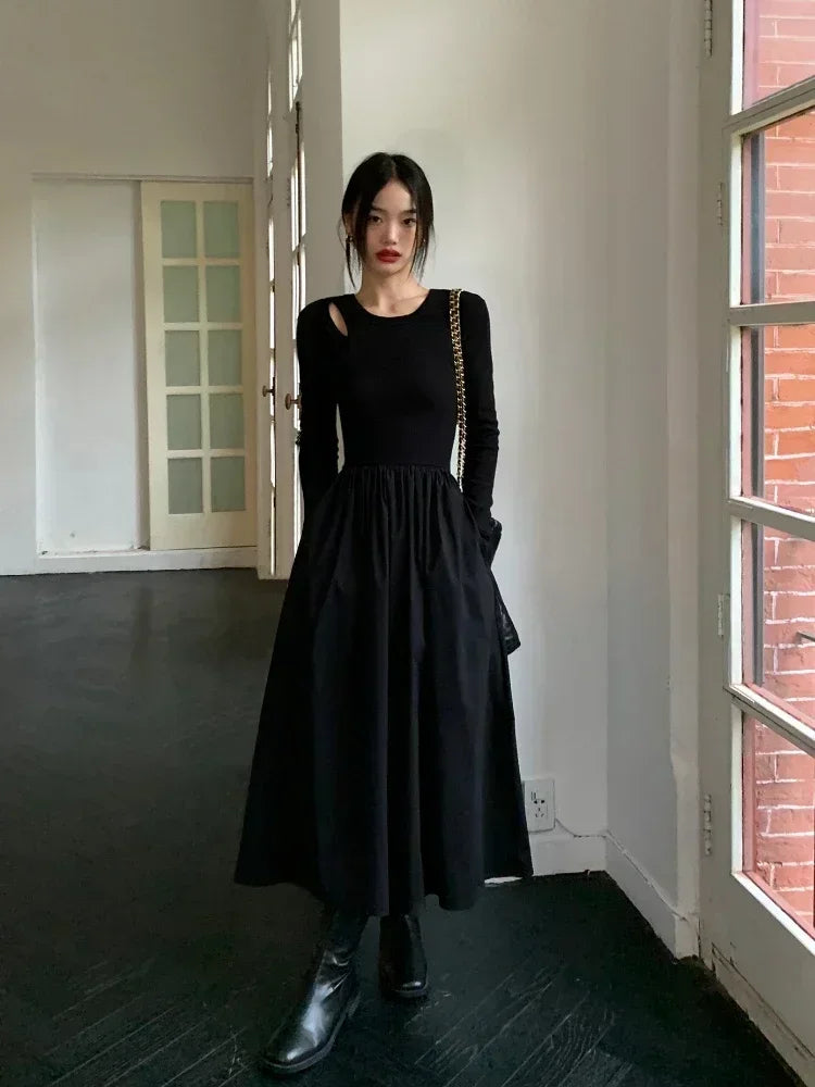 Vintage Knitting Maxi Wedding Dresses for Women Clothing O Neck Office Lady Casual Pockets Bodycon Midi Dress Winter 2023 Black