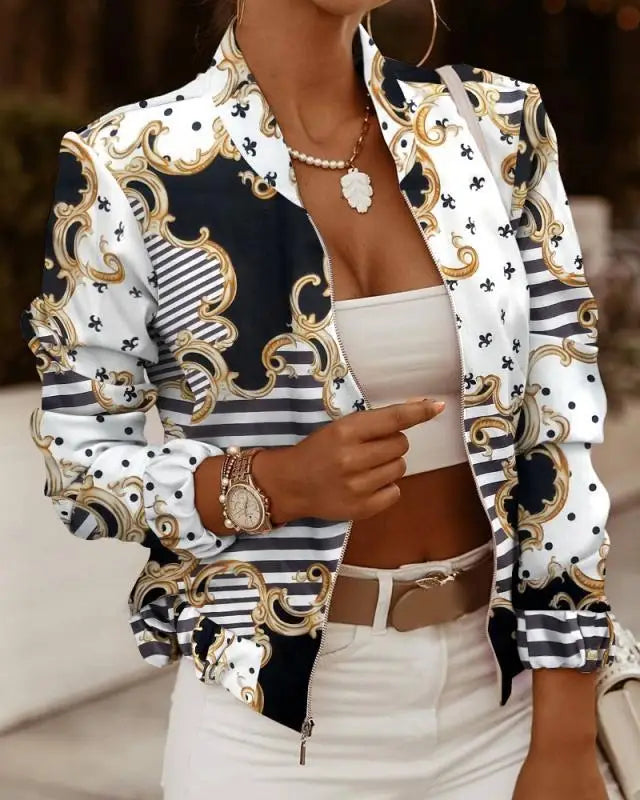 Autumn Commuter Long Sleeved Women's Top Standing Neck Zipper Cardigan Jacket Solid Color and Fashion Printed Casual Top Jacket