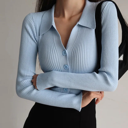 Women 2023 New Lapel Slim Slimming Tops Ladies Hollow Buttons Sexy V Neck Long Sleeve POLO Neck Knit Cardigan Sweater Women