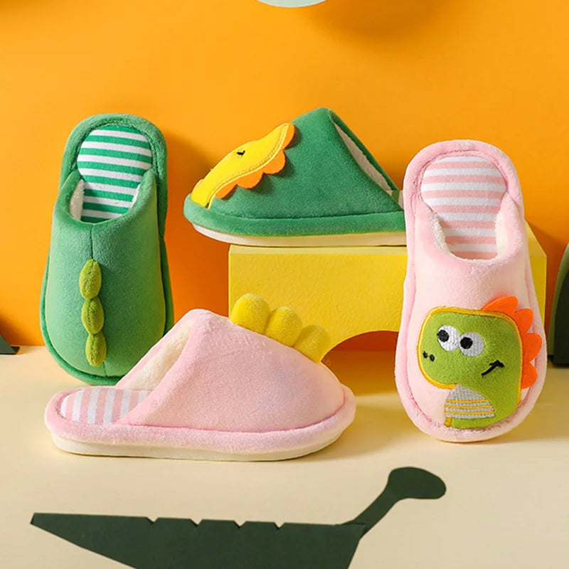 Children Cartoon Dino Fur Slipper Soft Autumn Winter Warm Princess Baby Boy Girl Indoor Home Bedroom Kid Cotton Fleece Fur Shoes