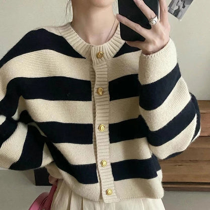 Striped Knitted Cardigans Women 2023 Autumn Winter Button Up Loose Cardigan Sweaters Woman Korean Style Long Sleeve Knitwear