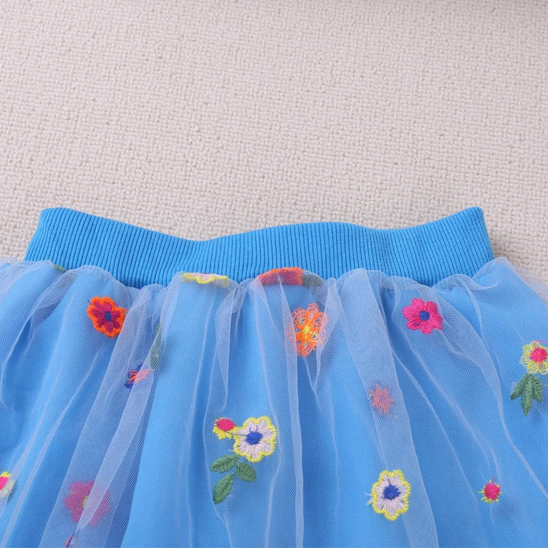 Humor Bear Kids Clothes Floral Embroidery Design Elastic Waist Tulle Fairy Skirt Delicate Girls Party Costume