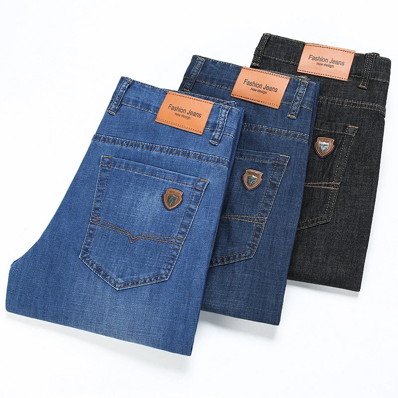 SHAN BAO Spring and Summer Brand Fitted Straight Lightweight Jeans Classic Business Casual High Waist Men's Thin Stretch Jeans