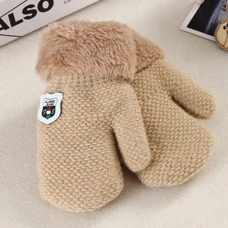 Children Knitted Gloves Winter Thick Warm Cashmere Kids Kindergarten Solid Color Full Finger Gloves Mitten For 1-3 Years