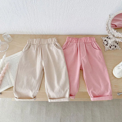 Kids Autumn Casual Pants Children Solid Elastic Waist Trousers Girls Sweet Pink Soft Loose Pants