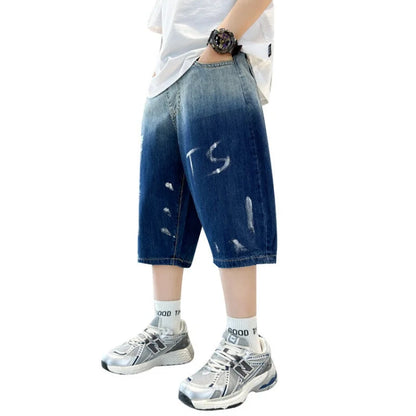 Summer Boys Fashion Denim Shorts Washed Gradient Letters Printed Cropped Trousers Children'S Clothing Casual Breathable Pants