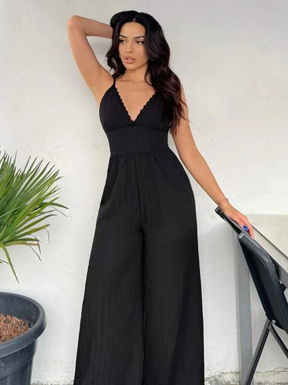 Stylish and elegant woven ribbon lace V-neck corset loose wide leg trousers long mop trousers loose jumpsuit