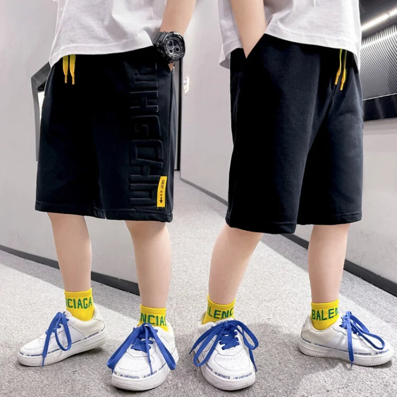 Boys Summer Casual Shorts Cotton Solid  Patchwork Breathable Loose Straight Wide Leg Shorts Korean All-Matching Casual Pants6-15