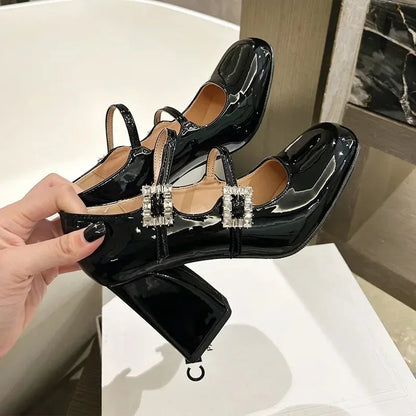 2024Mary Jane Chunky Heels Women's Square Head High  Temperament Line with Rhindiamonds Patent Leather Professional Shoes