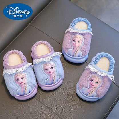 Disney Princess Elsa Frozen Slippers for Girls in Autumn Winter Indoor Warmth Non slip Children's Plush Cotton Blue Purple Shoes