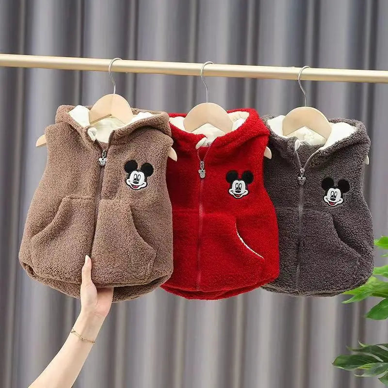 Children's Plush Vest 2022 Autumn Winter New Baby Boy Girl Mickey Mouse Cartoon Warm Cotton Hooded Vest Kids Cashmere Outer Vest