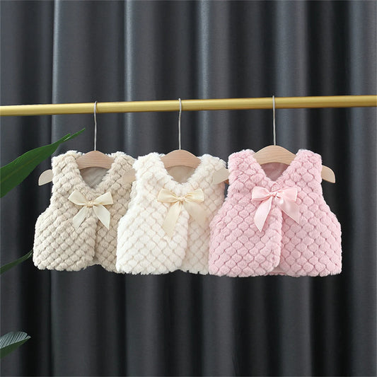 Spring And Winter New Female Baby Waistcoat Short Sleeved Solid Color Plaid Bow V-Neck Sweet Top All Match Coat