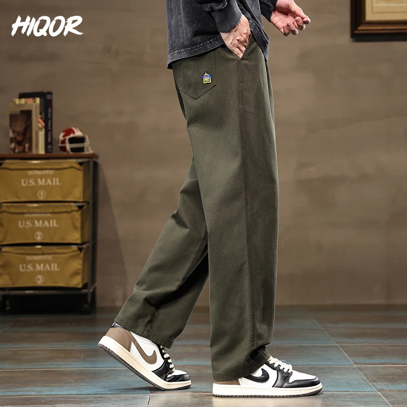 HIQOR Men Casual Pants Fashion Jogger Pant Loose Straight Wide Leg Trousers Cotton Vintage Cargo Pants Man Solid Streetwear Men