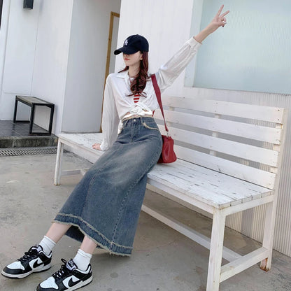 Jean Skirt Women High Waist Retro Slimming A- line Skirt Versatile Mid-Length Denim Skirt Womens Y2k Sexy Fashion Streetwear