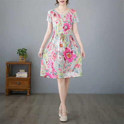 THHONE Summer Dress for Women Floral Casual Print Loose Vintage Draw String Robe Elegant Mini New in Dresses Vestido Feminino