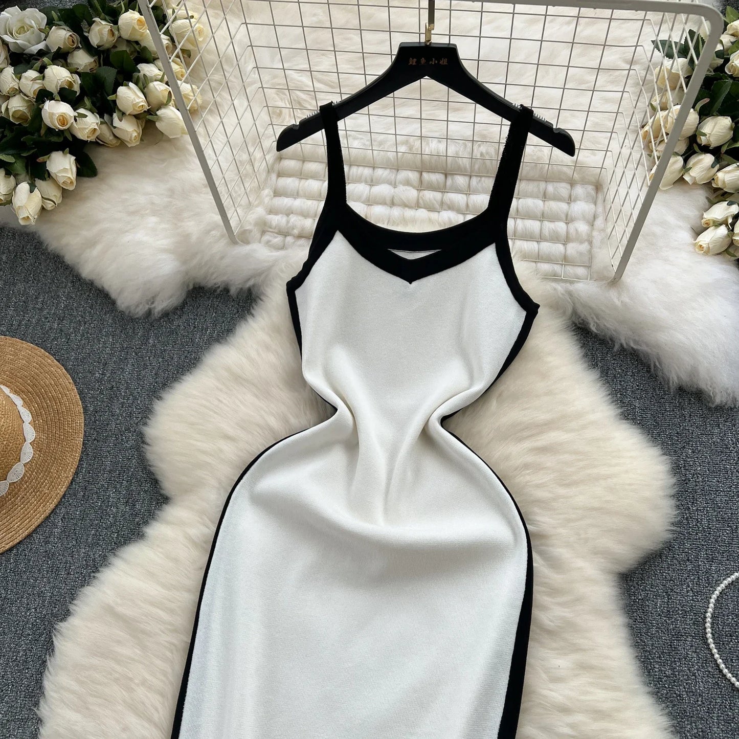 2024 Sexy Contrast Color Knitted Women Dress Summer Strap Elastic Sleeveless Bodycon Dress Europe Style Ladies Maxi Long Dress