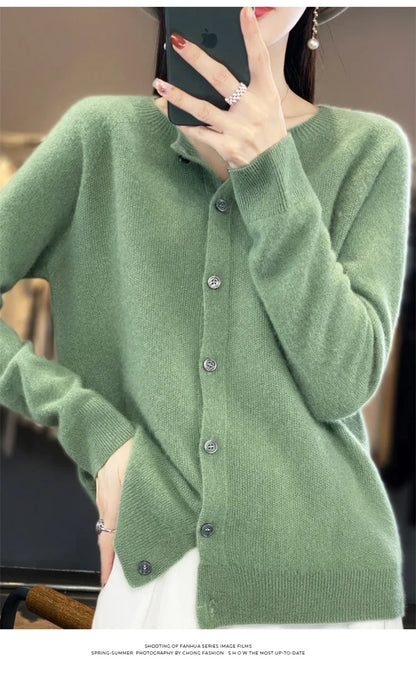 2024Spring and Autumn  New 100% pure merino cashmere sweater women's O-neck cardigan loose long-sleeved sweater top