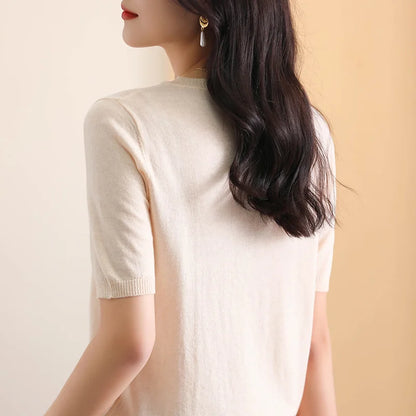 100% Merino Fine Wool Knitted Round Neck Short Sleeve Basic Versatile Women's Thin 2023 Summer Premium Special Top T-Shirt