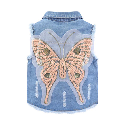 Mudkingdom Ripped Girls Denim Vest Butterfly Sequin Turn-Down Collar Autumn Sleeveless Jacket Kids Jean for Girl Sparkly Clothes