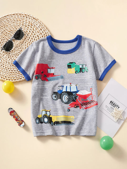 Boys/Girls casual cotton round neck short sleeve T-shirt top cartoon agricultural car print summer breathable fashion