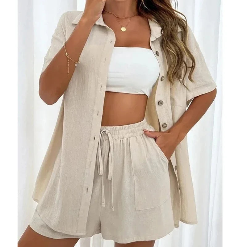 Summer Short Sleeve Shirt and Shorts Two Piece Set Women Cotton Clothing Casual Loose Blouse Drawstring Shorts Outfits 26296