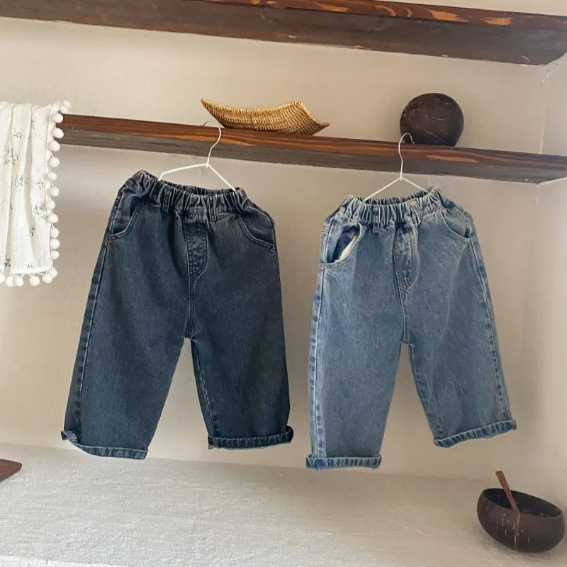 2024 Autumn boys and girls solid color denim wide leg pants unisex children casual all-match jeans