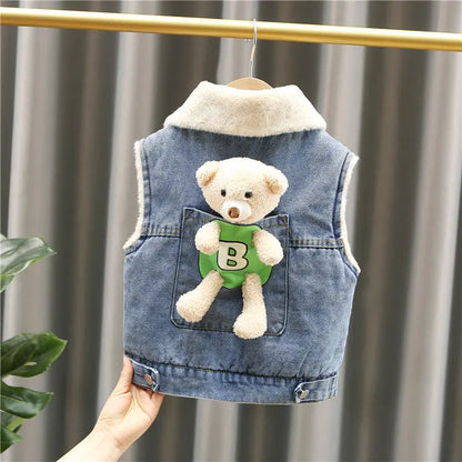 Cashmere Warm Child Waistcoat With Bear Winter Denim Coats Baby Girls Boys Vest Kids Outfits Children Outerwear For1-6 Years old