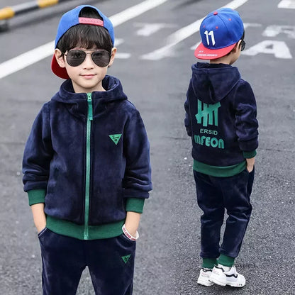 Children Clothing Set Double-sided Velvet Fashion Letter Hooded 2PCS Hoodies Coat +Pants Kids Boys Tracksuit for Autumn Winter