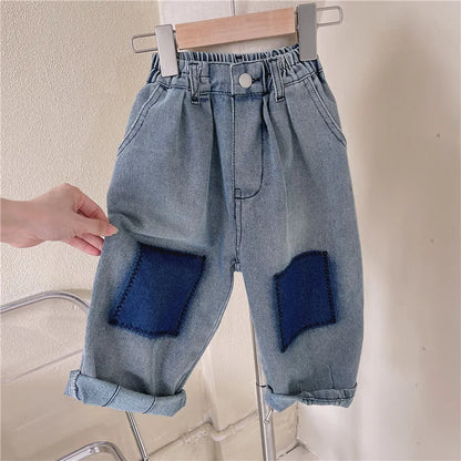 Spring and Autumn Children's Contrast Wide Leg Jeans Contrast Loose Relaxed Pants for Boys and Girls Jeans Baby Kids Trousers