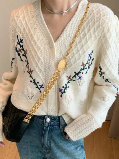 Knitted Cardigan Sweater Women Embroidery Hook Flower Vintage Sweaters Coat Women's Autumn Winter New Fashion Long Sleeve Top