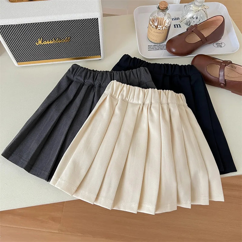 Girls‘ Skirt 2023 Summer Spring Autumn Solid Color White Grey Black Academic Style Sweet Cotton Versatile