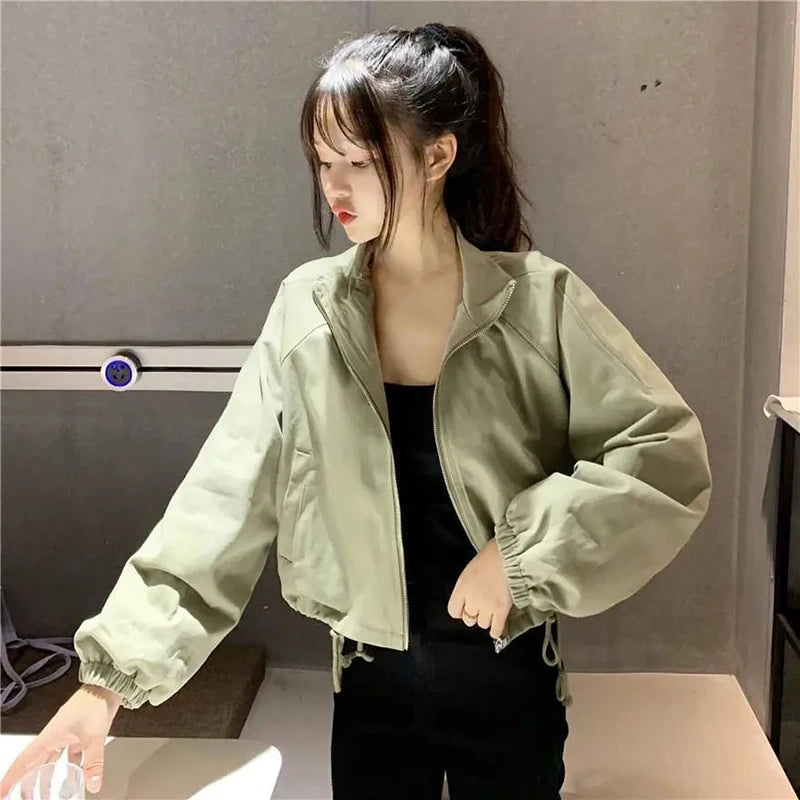 Vintage Baseball Jacket Women Korean Zipper Soild Drawstring Sexy Cropped Tops Harajuku Y2K Pocket Loose Casual Female Outwear