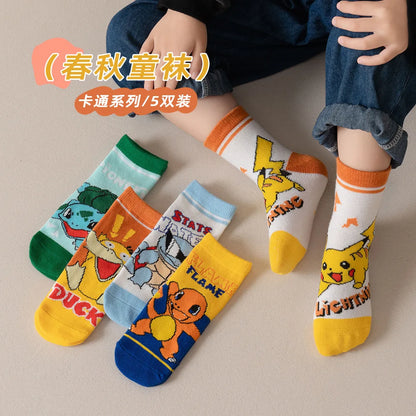 5 Pairs Pikachu Kids Socks Kawaii New Summer Cartoon 1-12 Years Old Children Short Cotton Sock for Girls and Boys Gifts