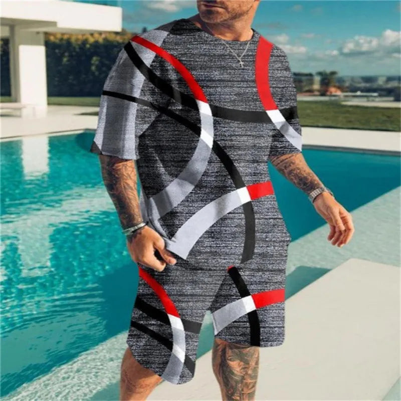 Summer Beach Men's Tshirt Set 3D Print Geometric Pattern Men Woman Round Neck T-Shirt Shorts Two Piece Set Casual Man Clothing