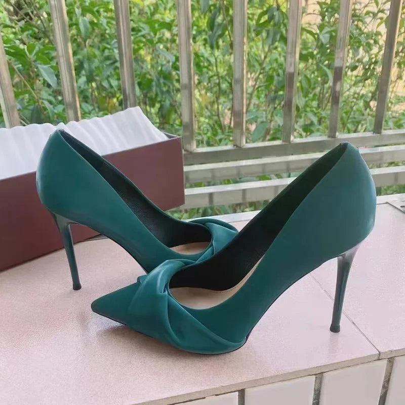 Women Luxury Brand 7cm 10cm High Heels Pumps Lady Party Green Bow Knot Middle Low Heels Wedding Bridal Nightclub Party Shoes