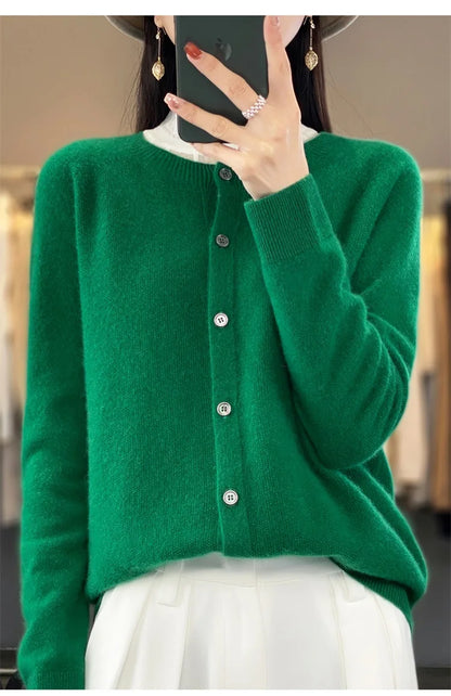 2024Spring and Autumn  New 100% pure merino cashmere sweater women's O-neck cardigan loose long-sleeved sweater top