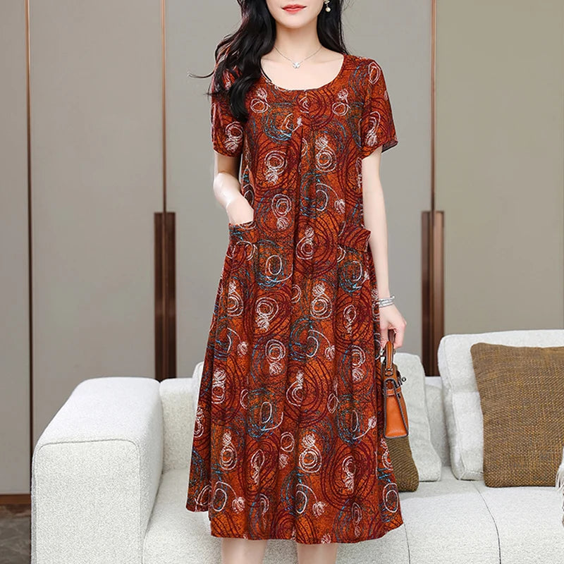 New Arrival Fashion Casual 2023 Summer Dress For Women Loose O-Neck Print Elegant Floral Formal Dress Women Clothing Dresses