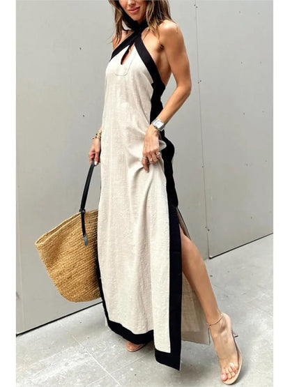 Summer Sexy Women's Dress New Style Cotton Linen Backless Halterneck Slit Vintage Boho Prom Dresses For Women Maxi Robe Femme