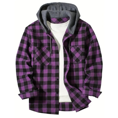 Men's Shirts Classic Plaid Casual Button Down Hooded Long Sleeved Double Pockets Shirt Hoodie Flannel Jacket Spring Autumn Tops