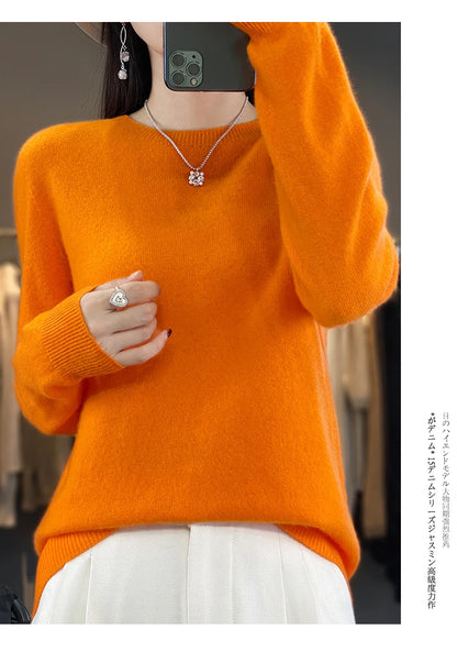 Women 100% Pure Merino Wool Knitted Sweater Autumn Winter Fashion O-Neck Pullover Seamless Jumper Tops Cashmere Warm Clothes