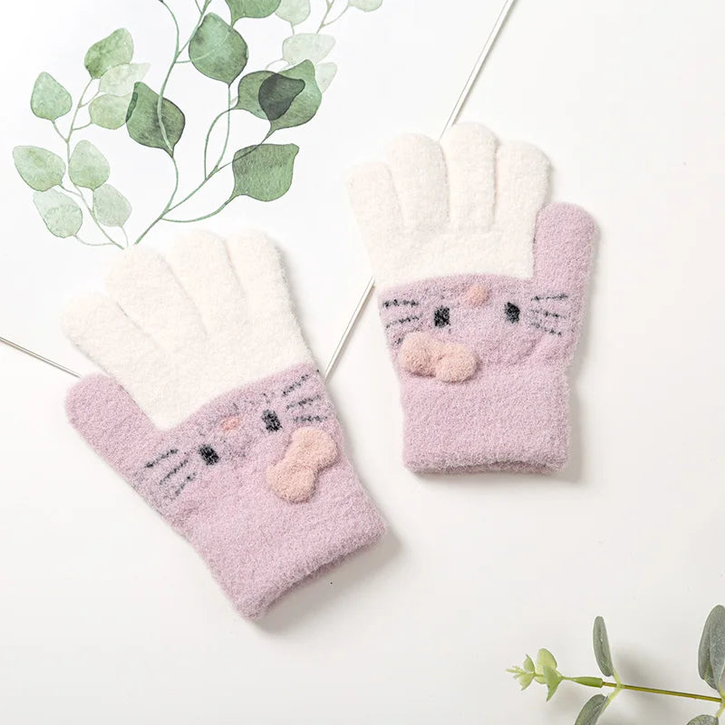 Winter Knitted Children's Gloves 3-10 Years Warm Soft Rabbit Wool Cartoons Kids Gloves Child Full Finger Baby Boys Girls Mittens