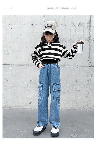 Teenager Girls Wide Leg Cargo Jeans School Young Children Trousers Spring Autumn New Fashion Kids Denim Pants 6 8 10 12 14 Years