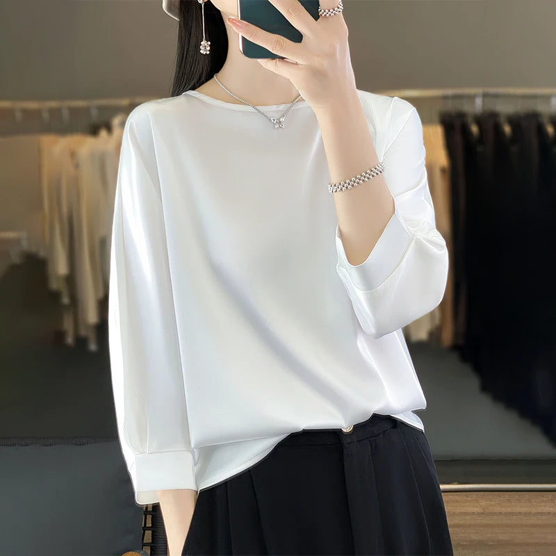 New Acetic Satin Nine-Sleeve T-shirt in Summer Women's Round Neck Loose Large Size Wide Sleeves Outside