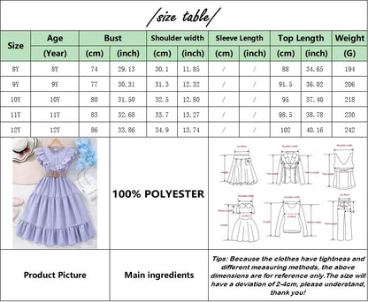 Graceful Princess Teens Girls Dress Clothing Children Dress Short Sleeve Summer Korean Style Ruffled Girls Clothing 8-12Y