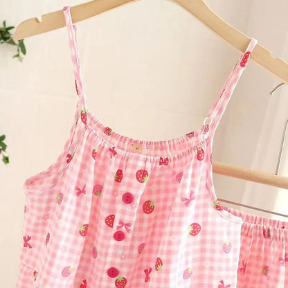 Summer Women's Pure Cotton Gauze Home Clothing Set Pink Strawberry Checkered Pajamas Loose and Comfortable 2024 New