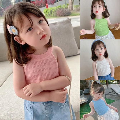 Baby Girls Tank Top Summer Sleeveless Suspenders Solid Vest Thin Bustier Hollow Out Camisole Toddler Kids Casual Clothes