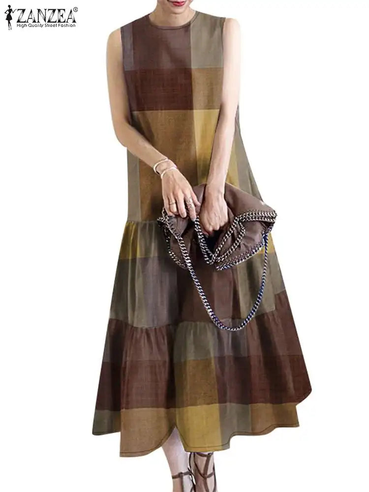 Elegant Ruffles Dress ZANZEA Summer Women Plaid Checked Sundress Vintage O Neck Sleeveless Vestidos Fashion Work Midi Dresses