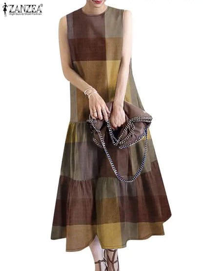 Elegant Ruffles Dress ZANZEA Summer Women Plaid Checked Sundress Vintage O Neck Sleeveless Vestidos Fashion Work Midi Dresses